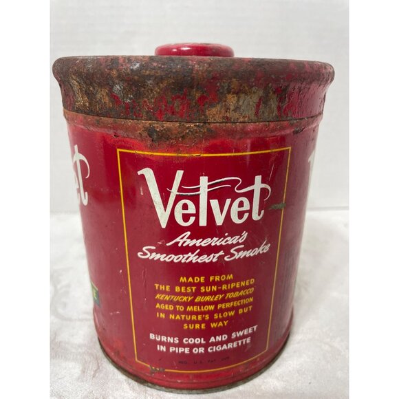 Vintage Velvet Pipe & Cigarette Tobacco Large Red Surface Rust Wear Lid & Tin - Picture 4 of 12